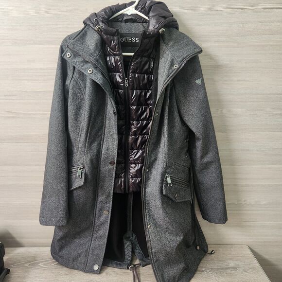 Guess Women Small Long Sleeve Black Gray Hood Trench Pea Coat Puffer Jacket FLAW - Picture 3 of 16